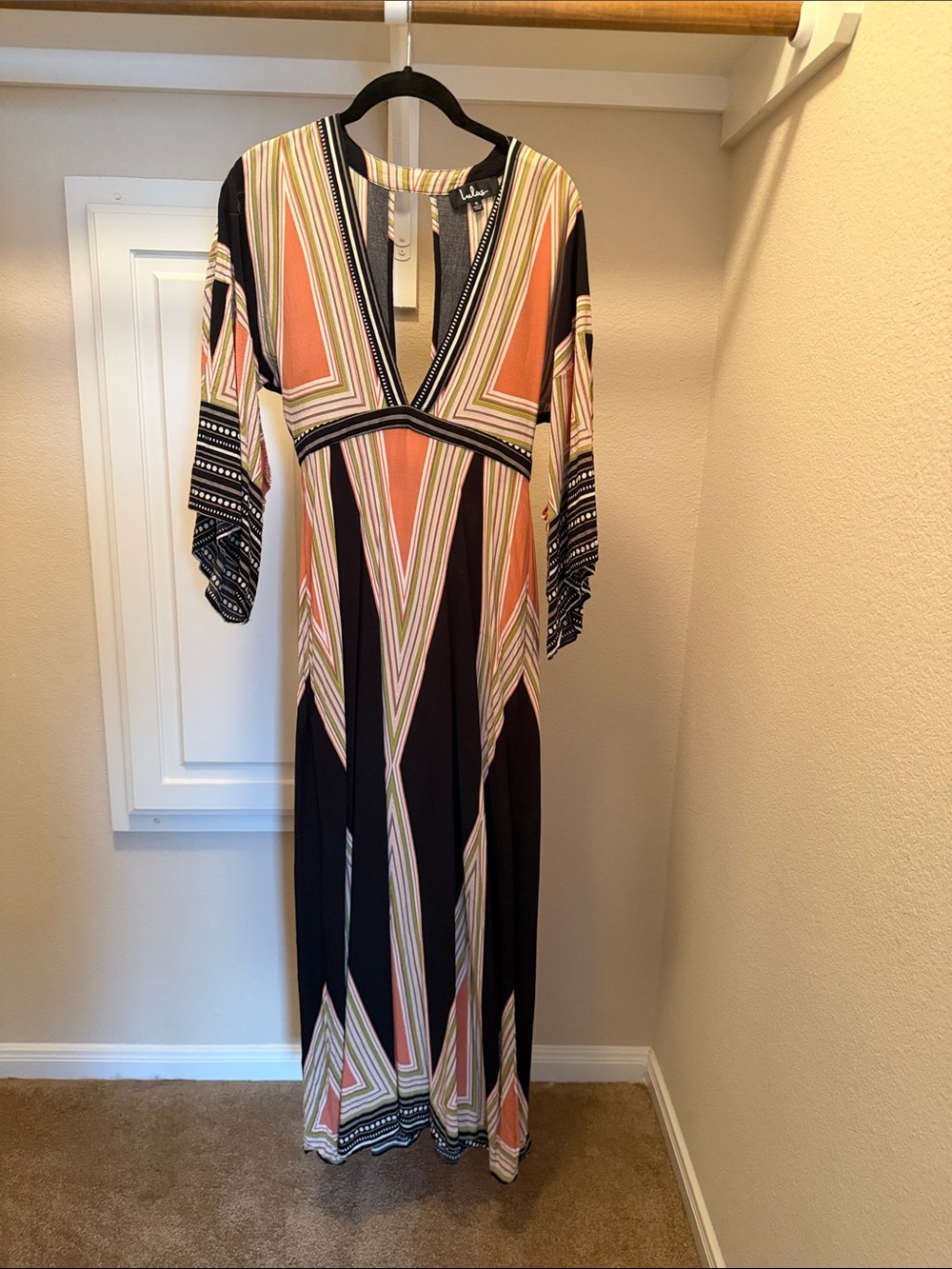 Lulu's Maxi Dress in Black, Coral, Cream & Green Stripe - Picture 1 of 6